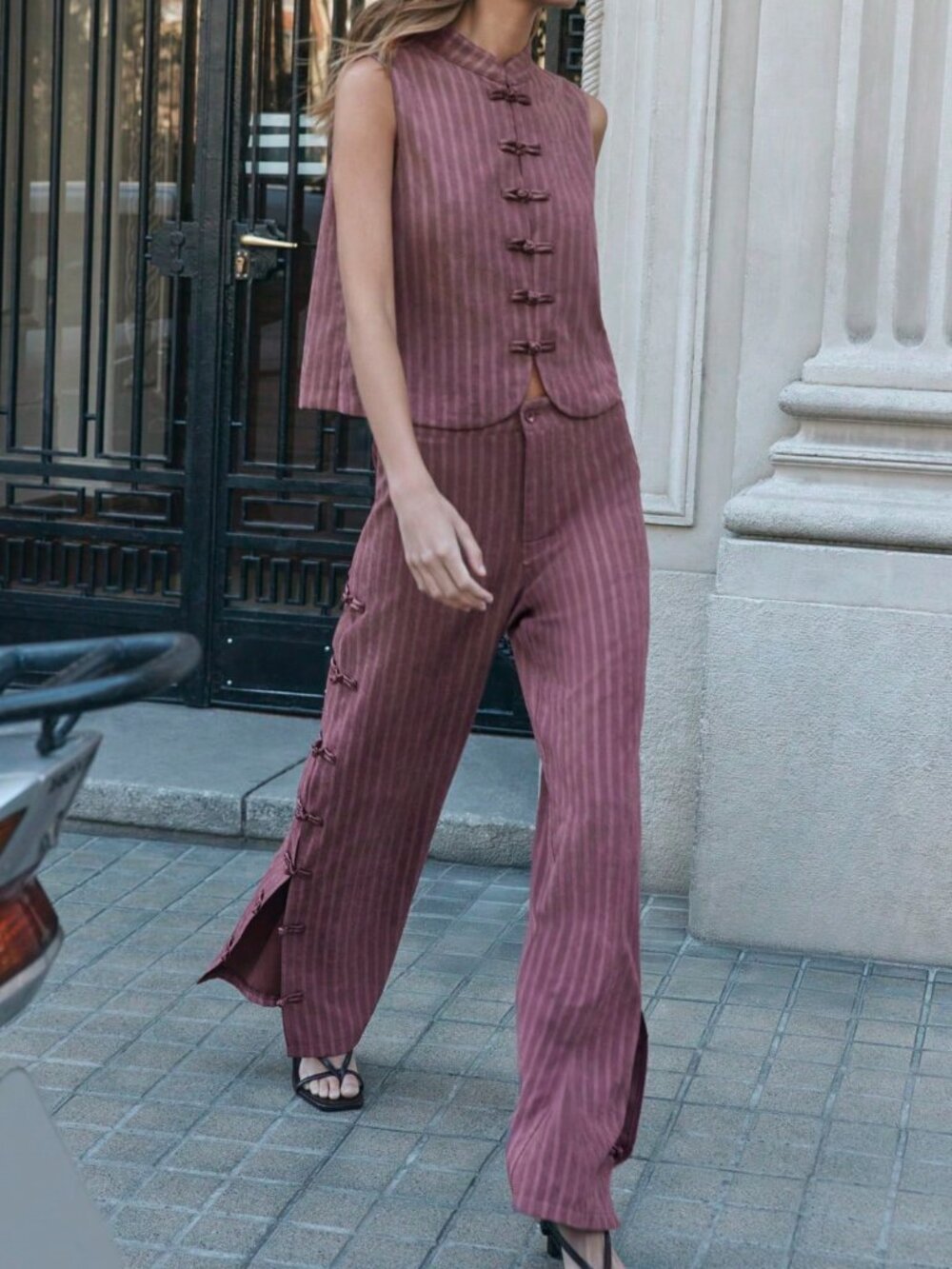 Burgundy Casual Women's Stand Collar Blouse And Long Plain Pants Set - Picture 6 of 13